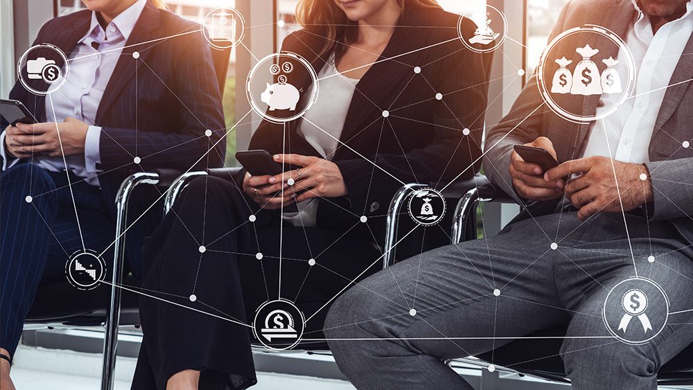 Graphic of connection between banking and customers on phones