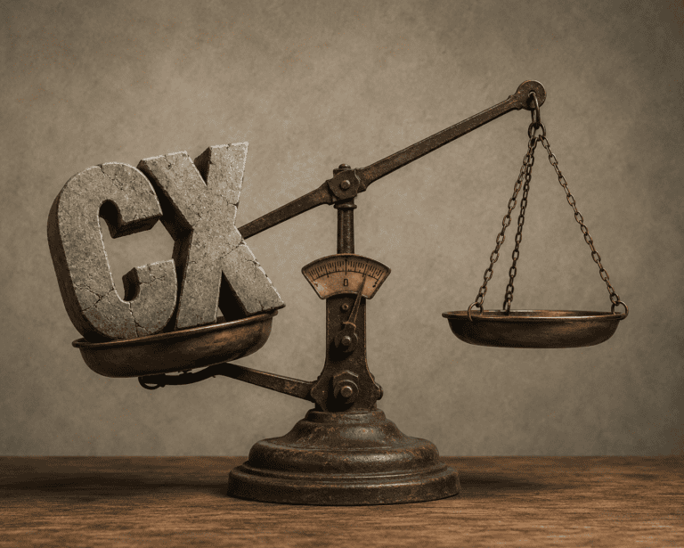CX weighing down one side of an old-fashioned scale