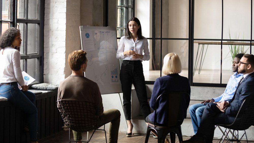 Business employee team meeting at whiteboard