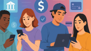 Younger financial consumers performing banking tasks on digital devices